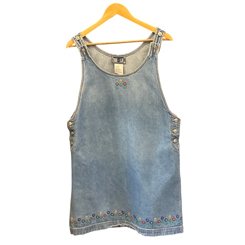Vintage 90's True Blue Denim Jumper Dress Floral Embroidered Cottagecore Boho L